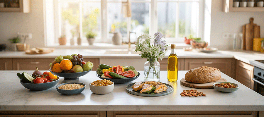 A kitchen counter with various bowls of fruit, vegetables, nuts and olive oil as part of the Mediterranean Diet.